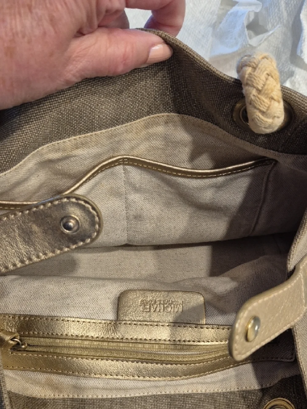 Michael Kors Beige-Tan Rope Handle Shoulder Bag With Gold Leather Trim
